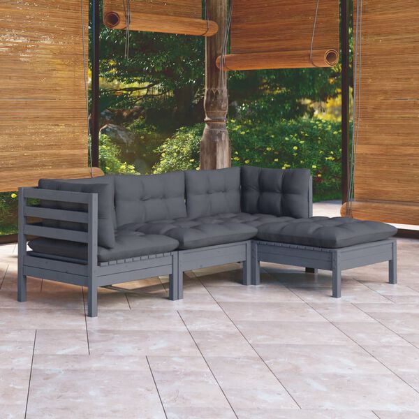 vidaXL Salon de jardin 4 pcs avec coussins Gris Bois de pin