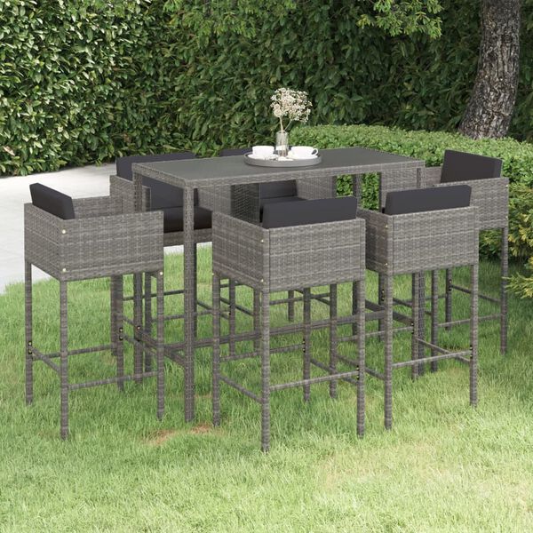 vidaXL Ensemble de bar de jardin 7 pcs et coussins Résine tressée Gris
