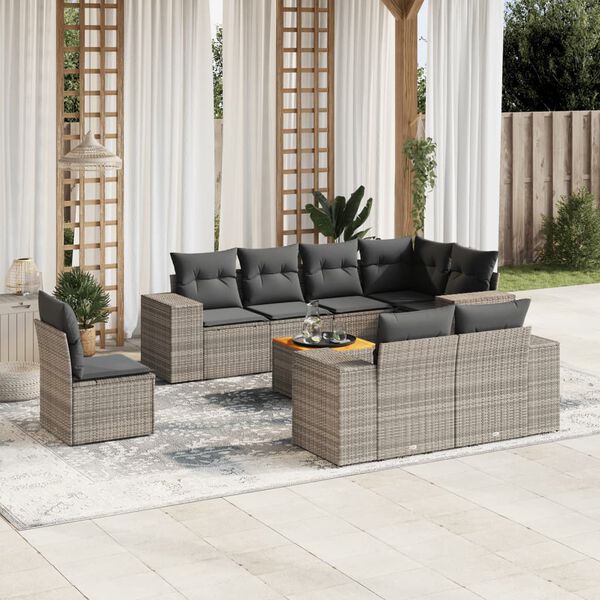 vidaXL Salon de jardin 9 pcs avec coussins gris résine tressée