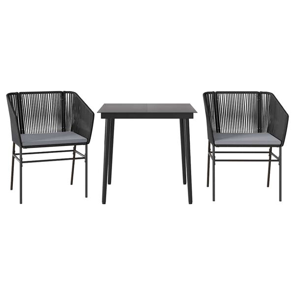 vidaXL Ensemble à manger de jardin et coussins 3 pcs noir rotin verre