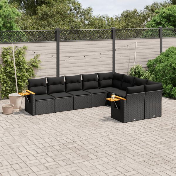 vidaXL Salon de jardin 9 pcs avec coussins noir résine tressée