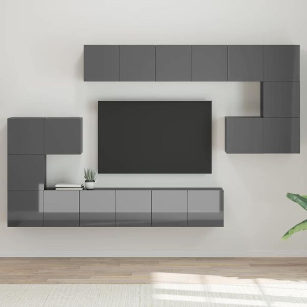 vidaXL Ensemble de meuble TV 10 pcs Gris brillant Bois d'ing&eacute;nierie