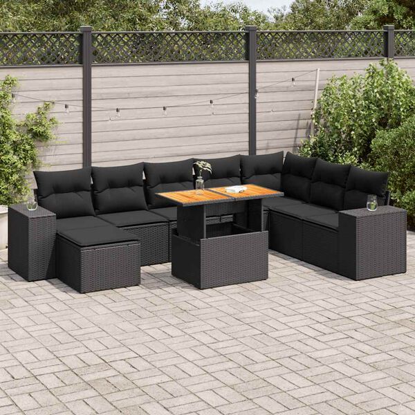 vidaXL Salon de jardin avec coussins 9 pcs noir r&eacute;sine tress&eacute;e acacia