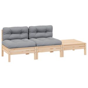 vidaXL Salon de jardin 3 pcs avec coussins gris Bois de pin massif