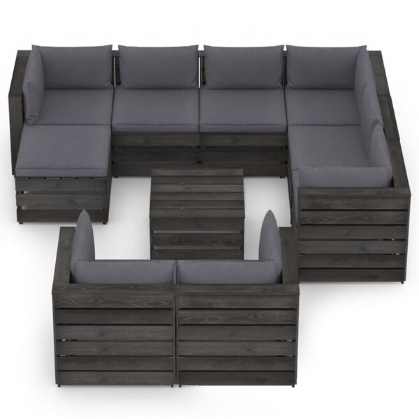 vidaXL Salon de jardin 10 pcs avec coussins Bois impr&eacute;gn&eacute; de gris