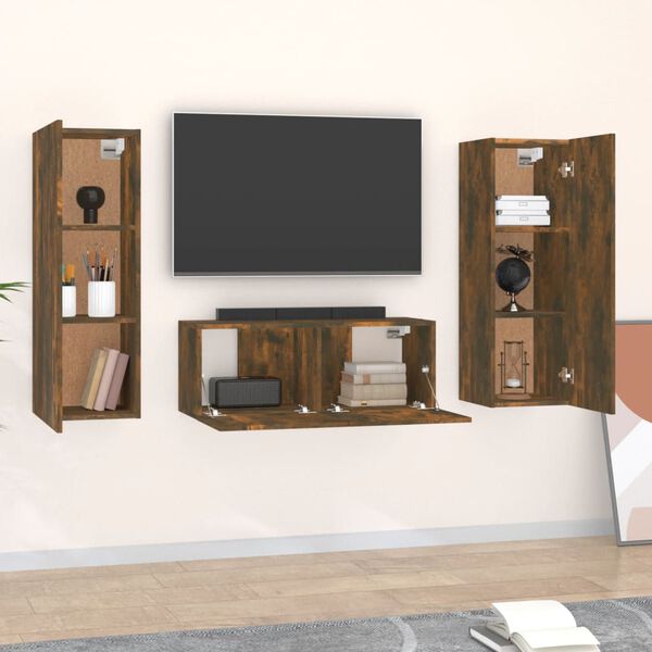 vidaXL Ensemble de meubles TV 3 pcs Ch&ecirc;ne fum&eacute; Bois d'ing&eacute;nierie