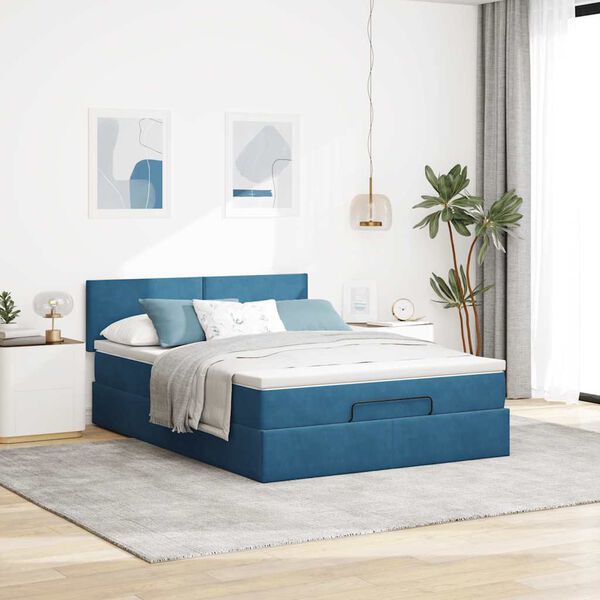 vidaXL Cadre de lit ottoman avec matelas bleu fonc&eacute; 140x200 cm velours