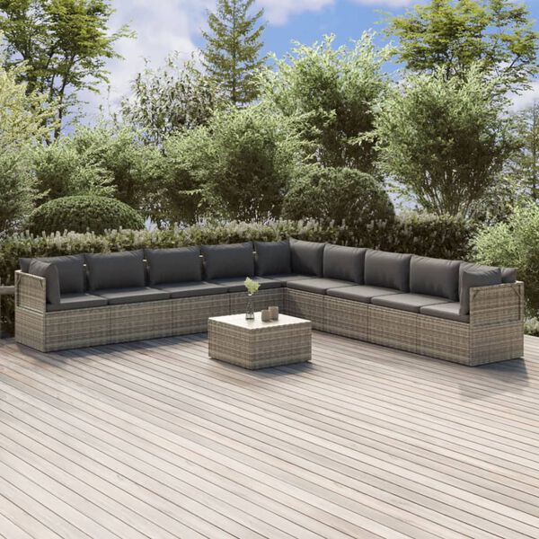 vidaXL Salon de jardin 10 pcs avec coussins Gris R&eacute;sine tress&eacute;e