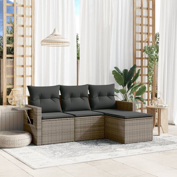 vidaXL Salon de jardin 4 pcs avec coussins gris r&eacute;sine tress&eacute;e