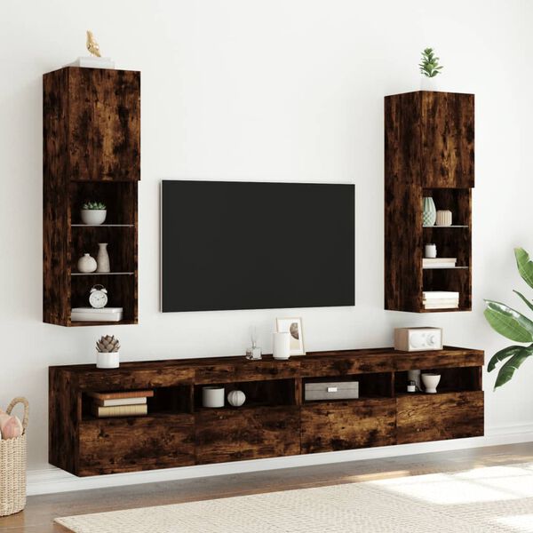vidaXL Meubles TV avec lumi&egrave;res LED 2 pcs ch&ecirc;ne fum&eacute; 30,5x30x102 cm
