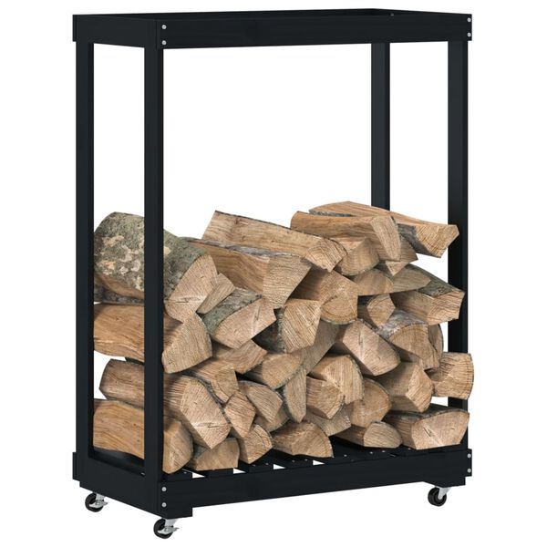 vidaXL Porte-b&ucirc;ches avec roulettes noir 76,5x40x108 cm bois massif pin