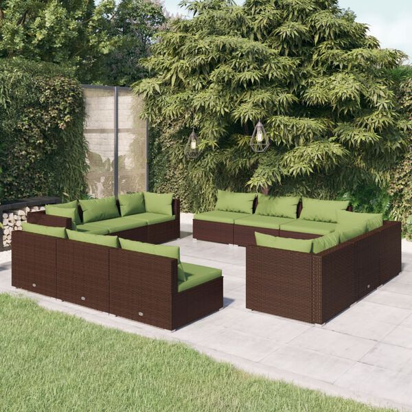 vidaXL Salon de jardin 12 pcs avec coussins R&eacute;sine tress&eacute;e Marron