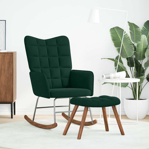 vidaXL Chaise &agrave; bascule avec tabouret en velours vert fonc&eacute;