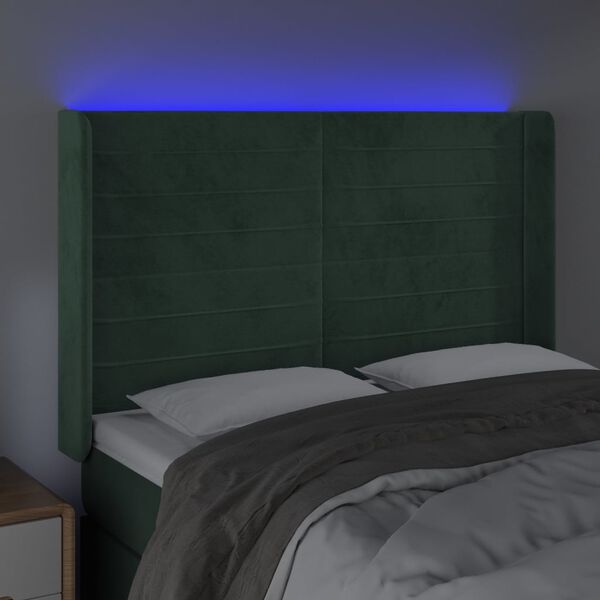 vidaXL T&ecirc;te de lit &agrave; LED Vert fonc&eacute; 147x16x118/128 cm Velours