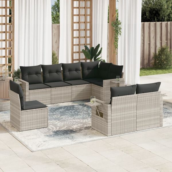 vidaXL Salon de jardin 8 pcs avec coussins gris clair résine tressée
