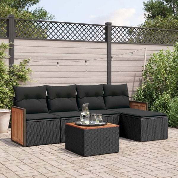 vidaXL Salon de jardin 6 pcs avec coussins noir r&eacute;sine tress&eacute;e