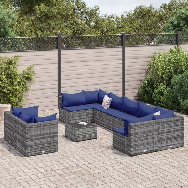 vidaXL Salon de jardin 9 pcs avec coussins gris r&eacute;sine tress&eacute;e