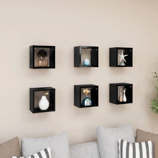 vidaXL &Eacute;tag&egrave;res cube murales 6 pcs noir brillant 22x15x22 cm