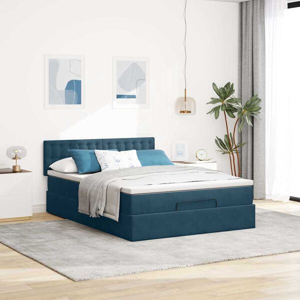 vidaXL Cadre de lit ottoman avec matelas bleu fonc&eacute; 140x200 cm velours