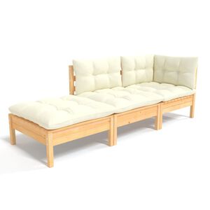 vidaXL Salon de jardin 3 pcs avec coussins cr&egrave;me Bois de pin massif
