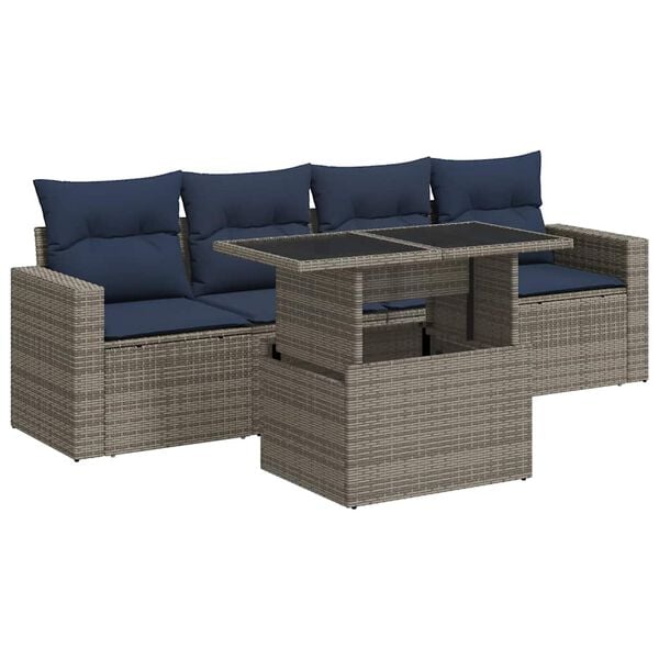 vidaXL Salon de jardin 5 pcs avec coussins gris r&eacute;sine tress&eacute;e acacia