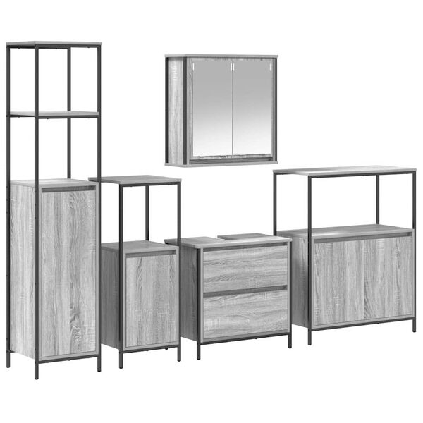 vidaXL Ensemble de mobilier de salle de bain avec &eacute;tag&egrave;re 5 pcs Gris