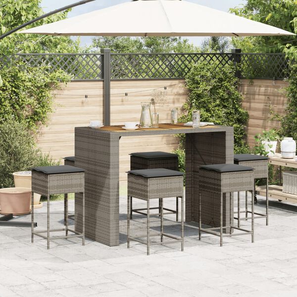 vidaXL Ensemble de bar de jardin 7 pcs avec coussins gris poly rotin
