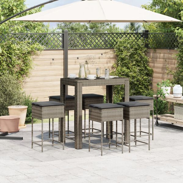 vidaXL Ensemble de bar de jardin 7 pcs avec coussins gris poly rotin