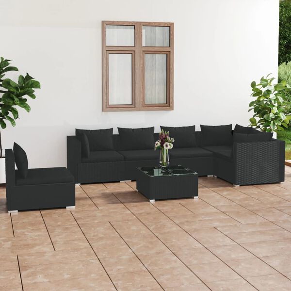 vidaXL Salon de jardin 7 pcs avec coussins Résine tressée Noir