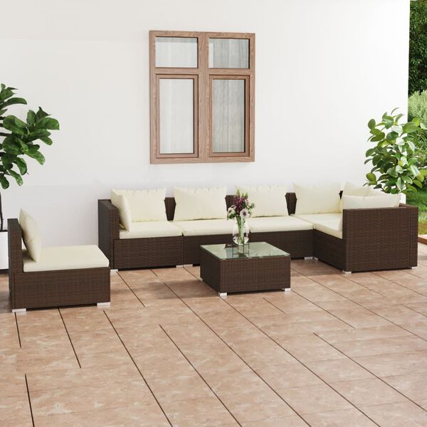 vidaXL Salon de jardin 7 pcs avec coussins R&eacute;sine tress&eacute;e Marron