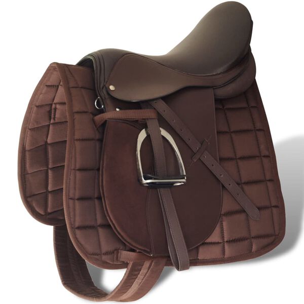Set de selle &eacute;quitation 17,5" en cuir v&eacute;ritable 18 cm 5 en 1 brun