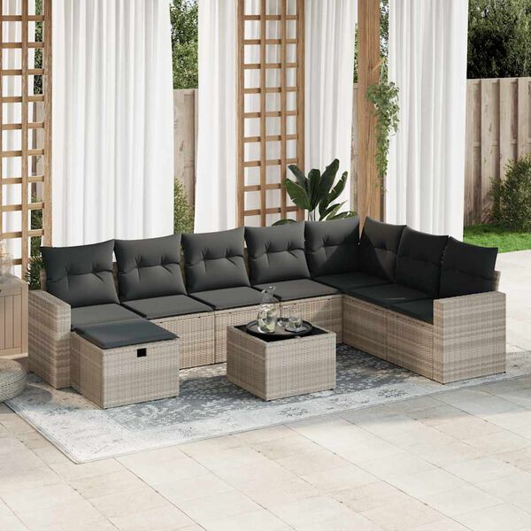 vidaXL Salon de jardin 8 pcs avec coussins gris clair r&eacute;sine tress&eacute;e