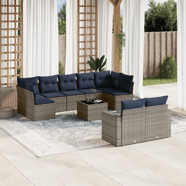 vidaXL Salon de jardin 10 pcs avec coussins gris r&eacute;sine tress&eacute;e
