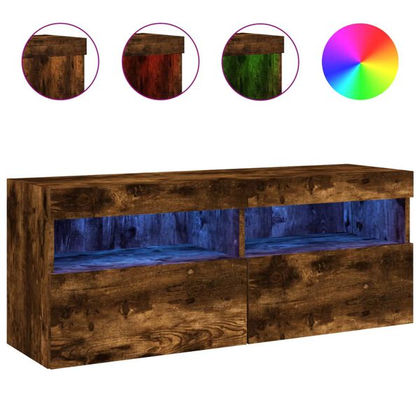 vidaXL Meuble TV mural avec lumi&egrave;res LED ch&ecirc;ne fum&eacute; 100x30x40 cm