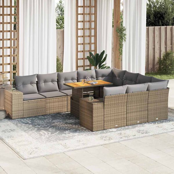 vidaXL Salon de jardin avec coussins 10pcs beige résine tressée acacia