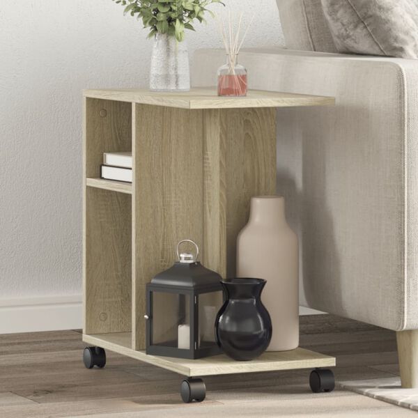 vidaXL Table d'appoint avec roues ch&ecirc;ne sonoma bois d'ing&eacute;nierie