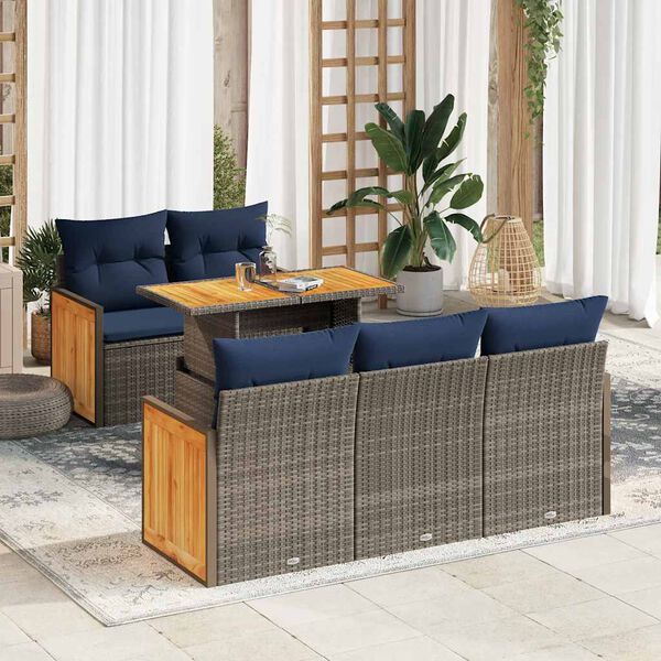 vidaXL Salon de jardin avec coussins 6 pcs gris r&eacute;sine tress&eacute;e acacia