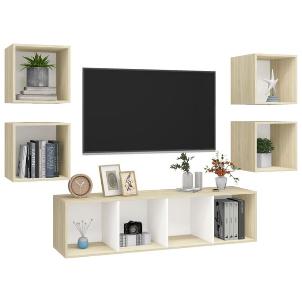 vidaXL Ensemble de meubles TV 5pcs Blanc ch&ecirc;ne sonoma Bois ing&eacute;nierie