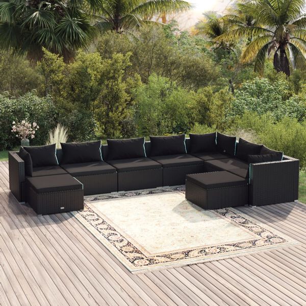 vidaXL Salon de jardin 9 pcs avec coussins Résine tressée Noir