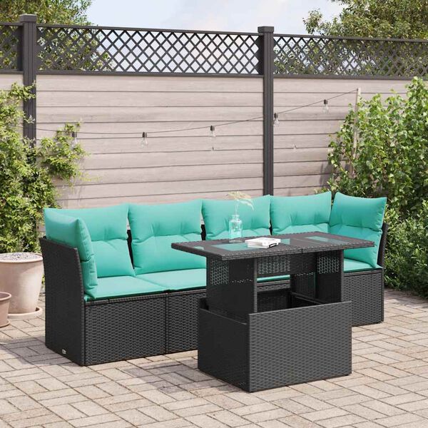 vidaXL Salon de jardin 5 pcs avec coussins noir r&eacute;sine tress&eacute;e acacia