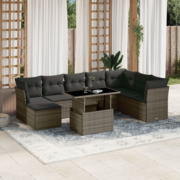 vidaXL Salon de jardin 9 pcs avec coussins gris résine tressée