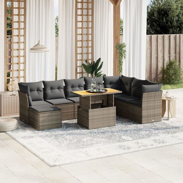 vidaXL Salon de jardin 9 pcs avec coussins gris r&eacute;sine tress&eacute;e