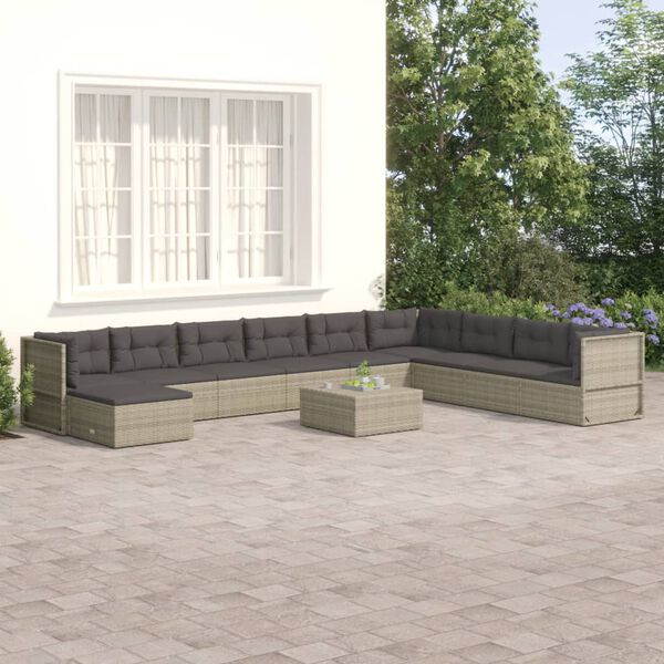 vidaXL Salon de jardin 10 pcs avec coussins Gris R&eacute;sine tress&eacute;e