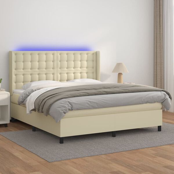 vidaXL Sommier &agrave; lattes de lit matelas LED Cr&egrave;me 180x200 cm Similicuir