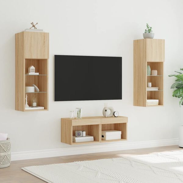 vidaXL Meuble TV muraux 4 pcs avec lumi&egrave;res LED ch&ecirc;ne sonoma