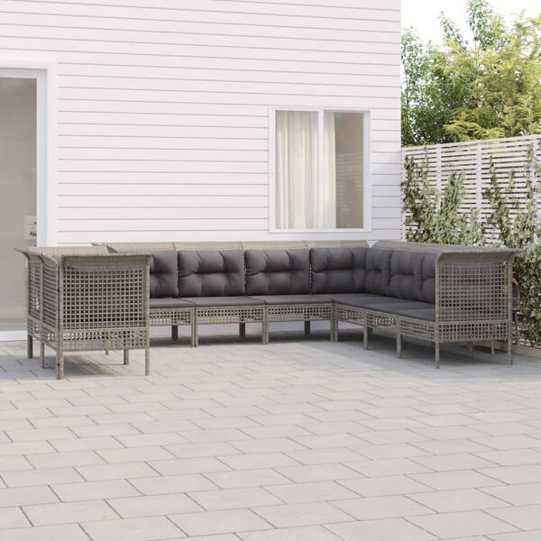 vidaXL Salon de jardin 9 pcs avec coussins Gris R&eacute;sine tress&eacute;e