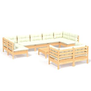 vidaXL Salon de jardin 10 pcs avec coussins cr&egrave;me bois de pin massif
