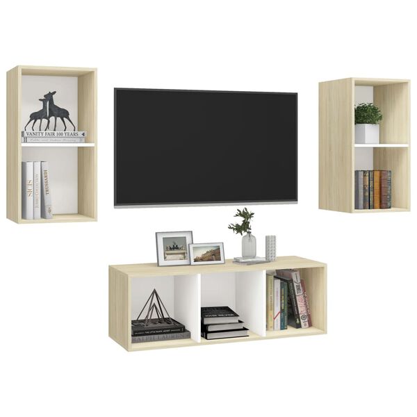 vidaXL Ensemble de meubles TV 3pcs Blanc ch&ecirc;ne sonoma Bois ing&eacute;nierie