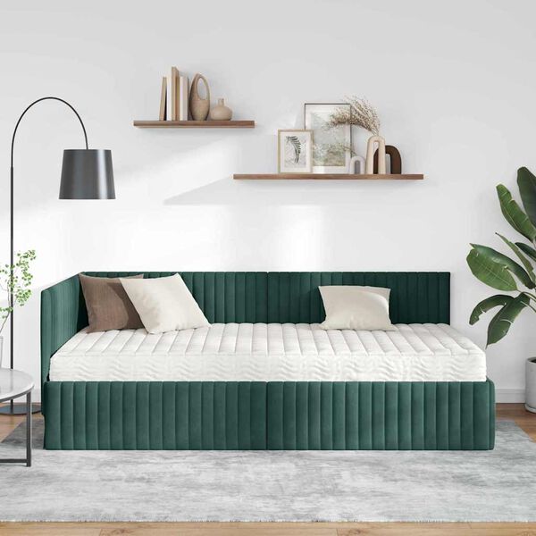 vidaXL Cadre de lit d'angle avec matelas 2 pcs Vert Velours