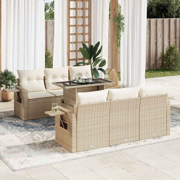 vidaXL Salon de jardin avec coussins 7 pcs beige r&eacute;sine tress&eacute;e